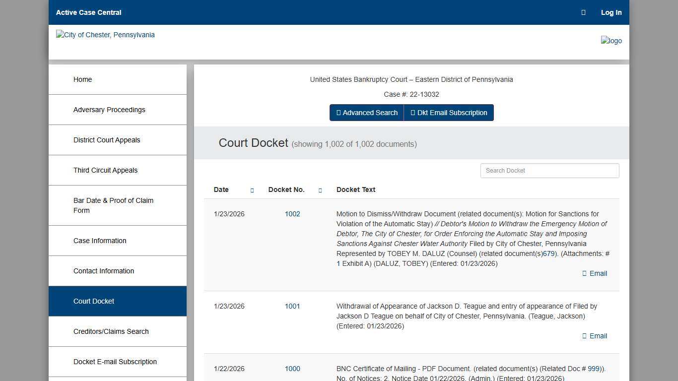 Court Docket - City of Chester, Pennsylvania
